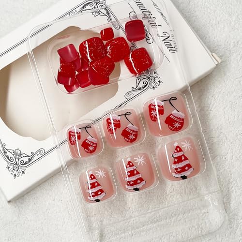 Christmas Press-On Short Square Toenails with Snowflake Design - 24Pcs