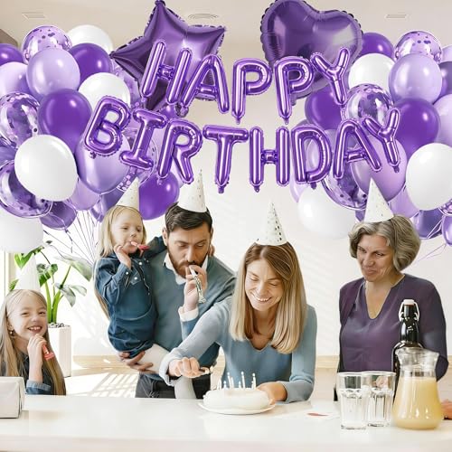 Purple Birthday Decorations Set with Happy Birthday Banner & Foil Balloons
