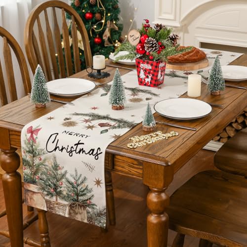 Christmas Table Runner 13x108 Inch Xmas Tree and Holly Holiday Decor