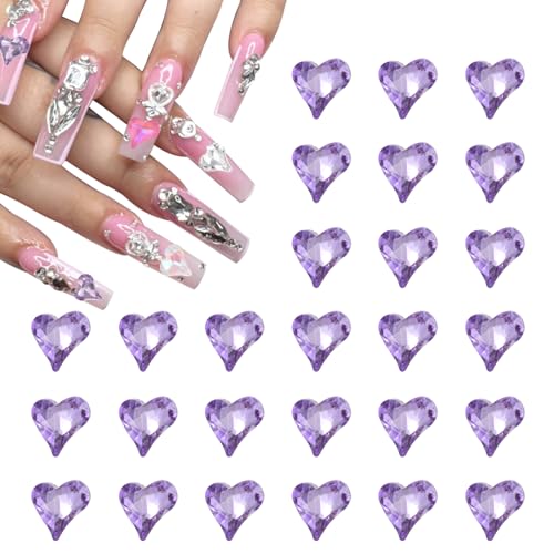 MECCANIXITY 30 Pcs 3D Heart Nail Charms 12x13mm Purple Crystal Rhinestones