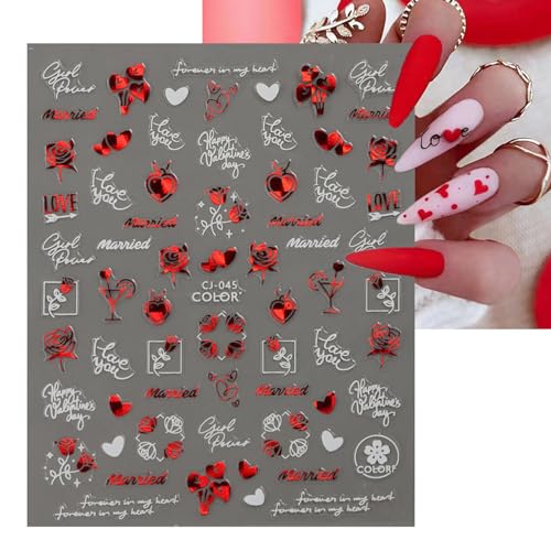 Valentine Heart Nail Stickers 3D Self Adhesive Red Heart Decals 6 Sheets
