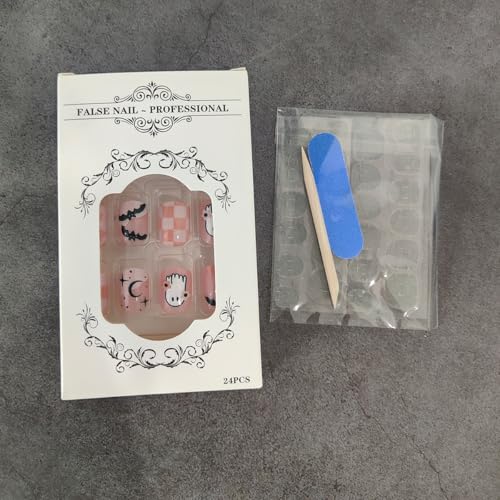 Halloween Press on Nails Short Square False Nails Ghost Bat Acrylic Kit