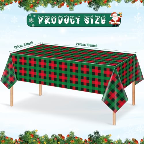 Christmas Plastic Plaid Tablecloth Set - Red & Green Buffalo Check, 54x108 Inches, 6 Pack
