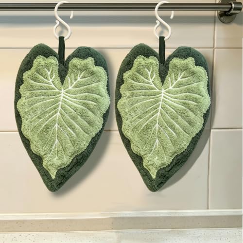 2 Green Leaf-Shaped Hand Towels with Hanging Loop - Kitchen & Bathroom Decor