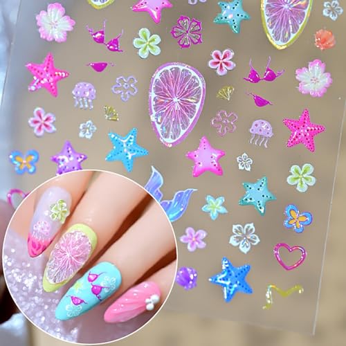 5D Embossed Summer Beach Nail Stickers Ocean Flower Starfish Decals