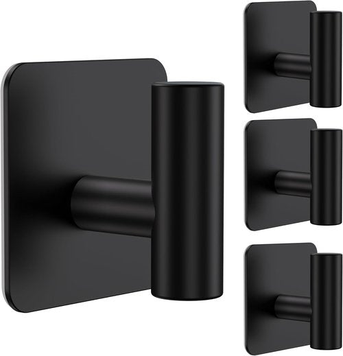 Aikzik Heavy Duty Wall Hooks - 26lb Max Capacity, Stainless Steel Adhesive Towel & Coat Hooks | Matte Black, 4 Pack