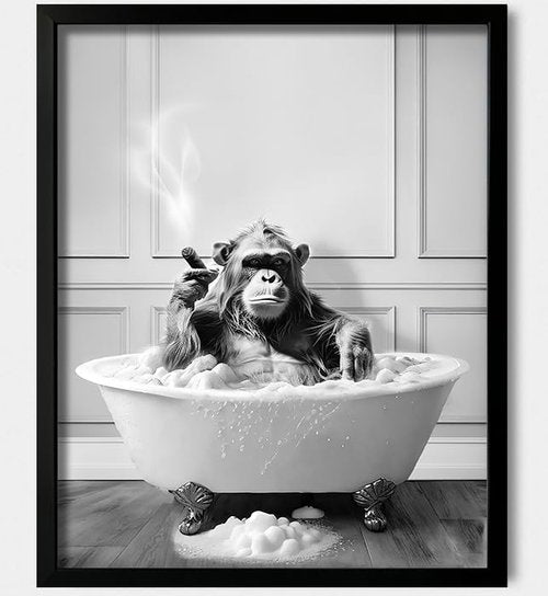 Chimpanzee in Bathtub Wall Art by [Brand Name] - Framed Black and White Bathroom Decor | Cute 8"x10" Print