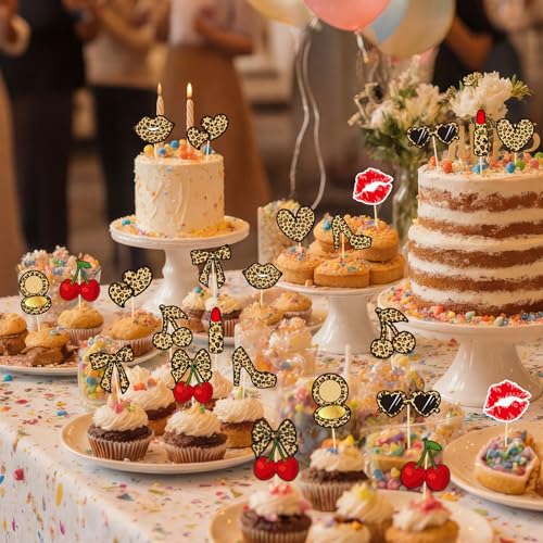 24 Pcs Leopard Print Cherry Cupcake Toppers for Birthday Parties
