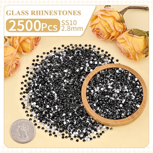 Jet Black Crystal Rhinestones 2500PCS SS10 Flatback Glass Gems for Crafting