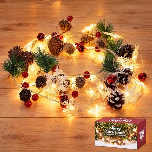 10Ft Christmas Garland with Lights - 30 LED Warm White String, Pinecones & Berries, Battery Operated, 1 Piece - Variation of THIS listing