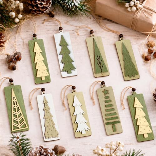 Neutral Rustic Wooden Christmas Tree Ornaments Set - Green Variation, 16 Pcs