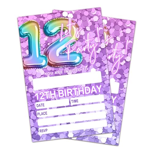Let's Party Birthday Invitations with Envelopes, Pink Rainbow Balloons, 20 Pack