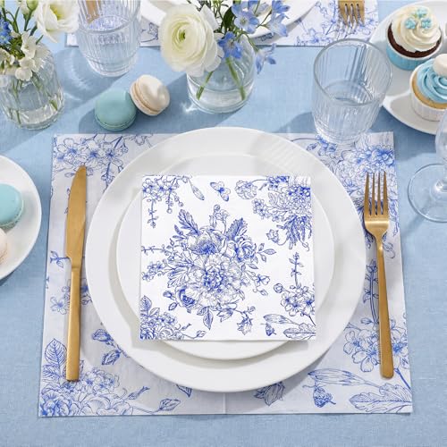 NatNarr 100 Pack Blue Floral Cocktail Napkins - Vintage Chinoiserie Design for Weddings & Showers