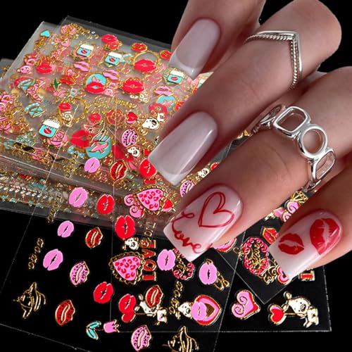 Valentine's Day 3D Gold Nail Decals - Lips & Hearts Self-Adhesive Art 30 Pcs