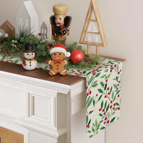 Farmhouse Christmas Table Runner Green Leaves & Berries Decor 13x72 Inches - Burlap