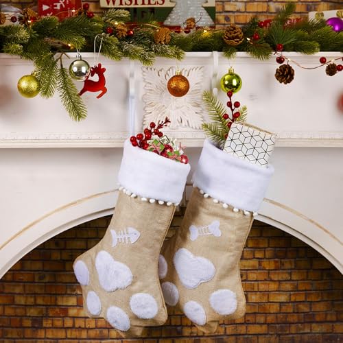 Dog Christmas Stockings Burlap with Paw Pattern 17 Inch Holiday Decor - Pack of 4 - Variation: Dog Paw / Pack