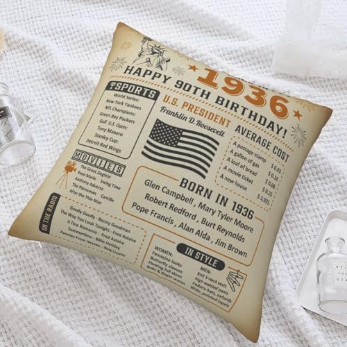 90th Birthday Gift Pillow Cover, 18"x18" Vintage 1936 Keepsake Cushion Case