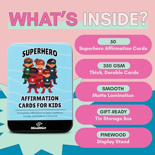MindMint Superhero Affirmation Cards for Kids - 50 Daily Positive Cards with Stand
