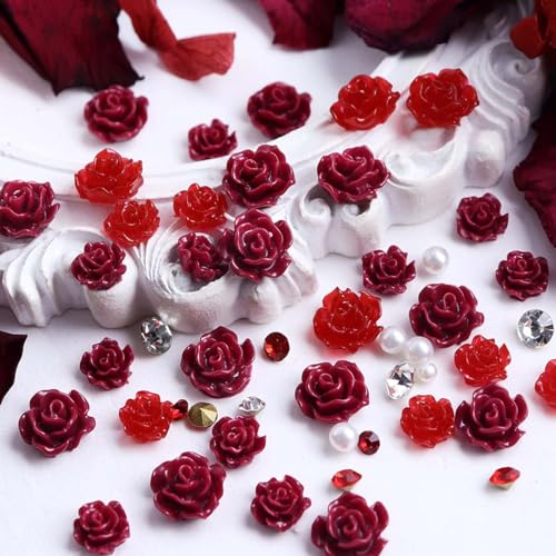 50Pcs Red Rose Nail Charms with Pearls, Valentine Resin Rhinestones