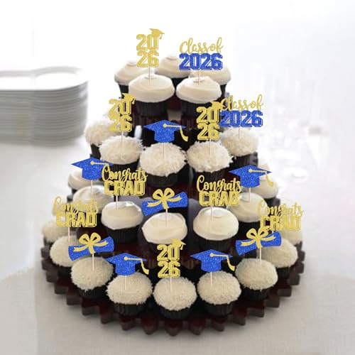 30 PCS Graduation Cupcake Toppers - Class of 2026 Glitter Picks