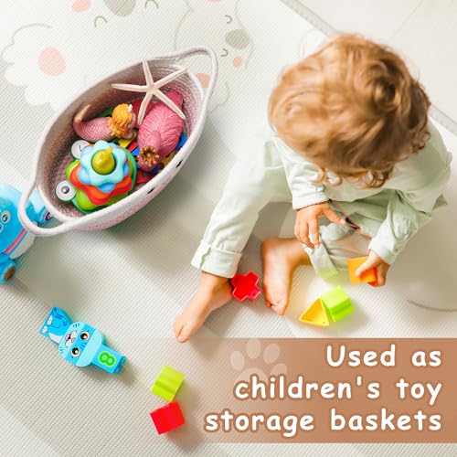 STOBSK Small Woven Cotton Storage Basket with Handle - Pink Nursery Organizer