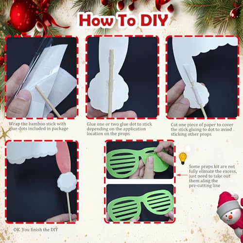 Christmas Photo Booth Props Kit 52 Pcs with Glitter Glasses Hats Signs - Holiday Party Decorations