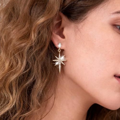 Sttiafay Vintage Crystal Northstar Dangle Earrings Gold CZ Star Drop Earrings