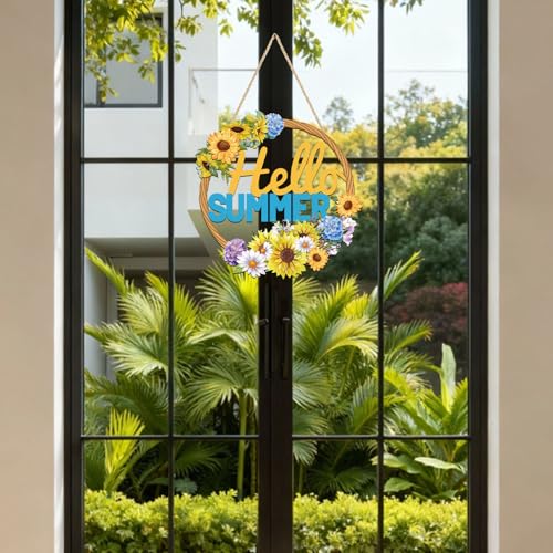 Hello Summer Sunflower Wooden Hanging Sign for Front Door Decor