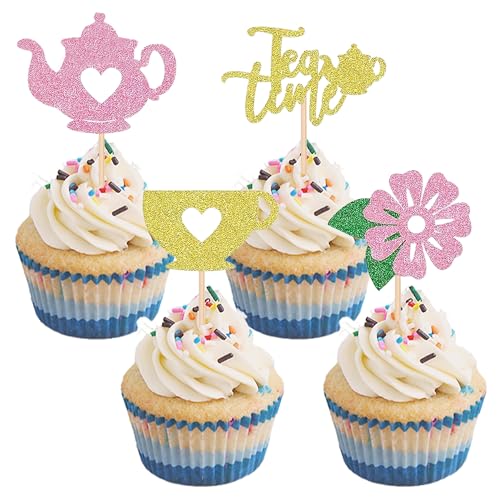 12PCS Elegant Tea Party Cupcake Toppers Set - Glitter Teapot & Teacup