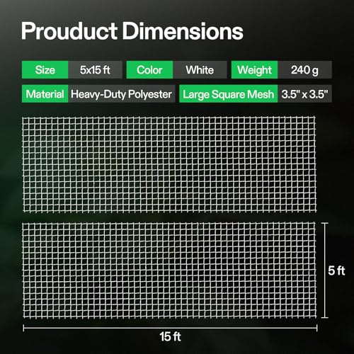 VIVOSUN 5x15 ft Heavy-Duty Polyester Plant Trellis Net with 3.5'' Square Mesh, Reusable Garden Support, 2-Pack