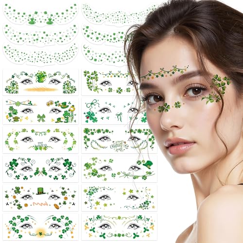 St. Patrick's Day Face Tattoos - 18pcs Green Shamrock Glitter Stickers