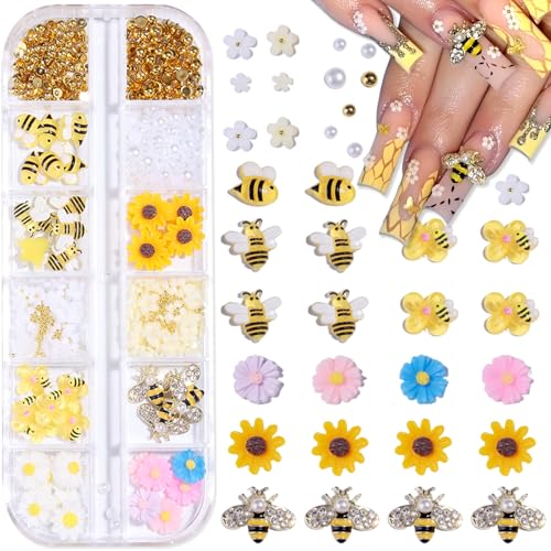 Quezadyl 12 Grids 3D Bee & Sunflower Nail Art Charms with Resin Rhinestones