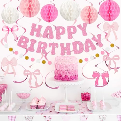 Amandir Pink Birthday Decorations Set with Glitter Banner & Bow Cutouts