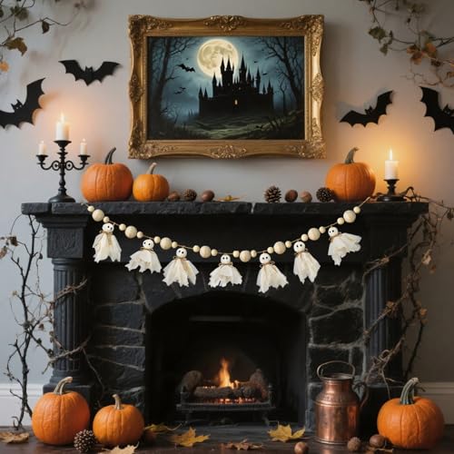 Pextian Beige 6.5Ft Halloween Ghost Garland with Wooden Beads, Handmade Halloween Decor