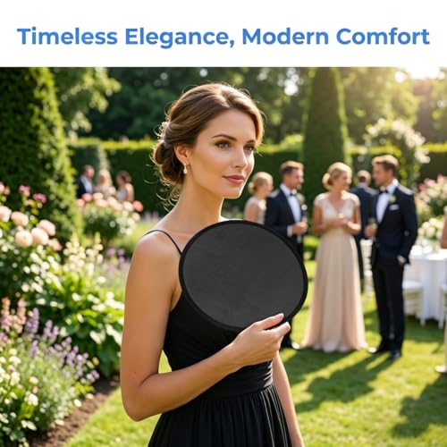 Vintage Handheld Round Folding Fan - Black Portable with Pouch