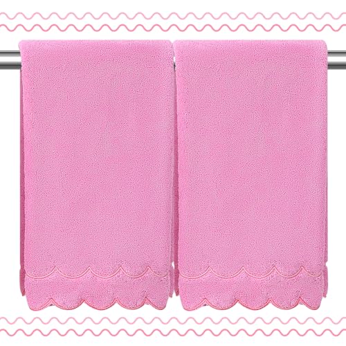100% Cotton Scalloped Hand Towels, 600 GSM Embroidered Fingertip Set - Pink