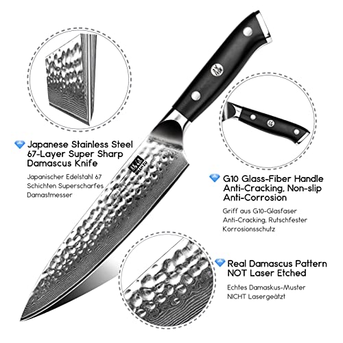 Damascus Steel Chef Knife 8 Inch - Hammered Version for Precise Cutting