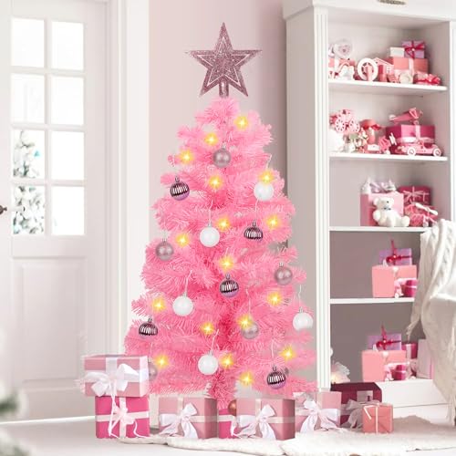 Pink 3ft Artificial Christmas Tree with 12 Modes Dual Color Lights and Ornaments - Variation Pink 2