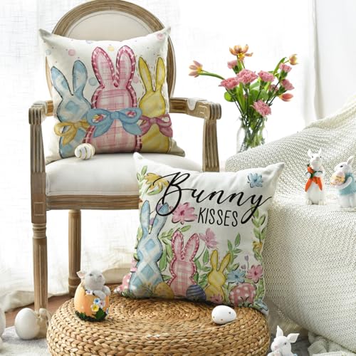 Happy Easter Rabbit Pillow Covers 18x18 Inch Set of 4 - Bunny Kisses & Eucalyptus