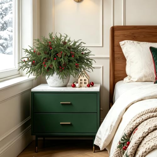 Christmas Norfolk Pine Stems with Pinecones and Red Berries - Dark Green, 12 Pack