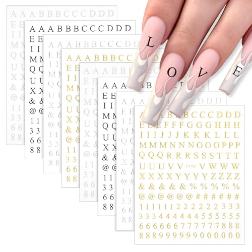 Skrfren 8 Sheets Holographic Letter & Number Nail Stickers - 3D Self-Adhesive Alphabet Decals