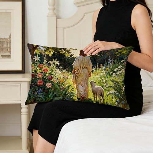 Christian Jesus and Lamb Pillow Cover D 12x20 - Religious Home Decor