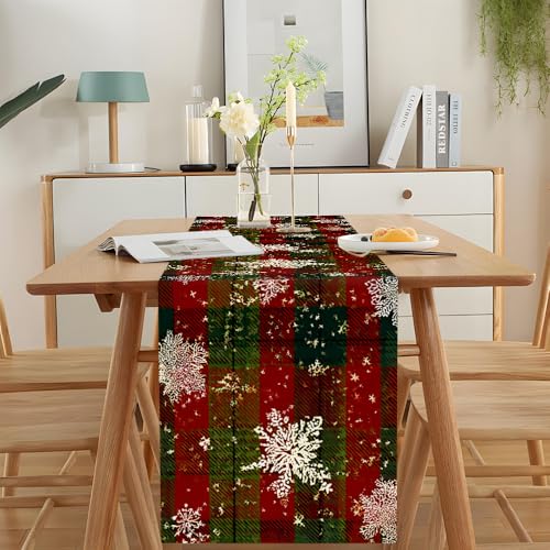 Farmhouse Christmas Table Runner 13x72 Inch with Snowflakes & Trees - Holiday Kitchen Decor