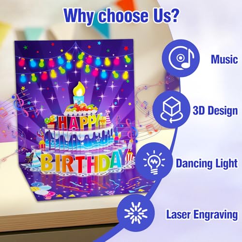 FaCraft Pop Up Musical Birthday Card - Amethyst Purple, LED Light & Sound