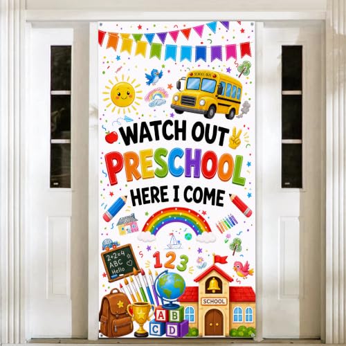 Watch Out Preschool Door Banner - 35x72 inch White School Welcome Backdrop