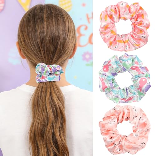 Doneace Easter Hair Scrunchies 3-Pack Satin Bunny Rabbit Hair Ties