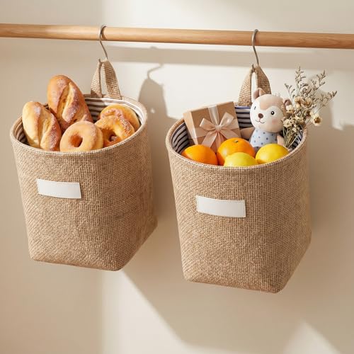 2-Pack Small Hanging Storage Baskets - Cotton Linen Wall Organizers