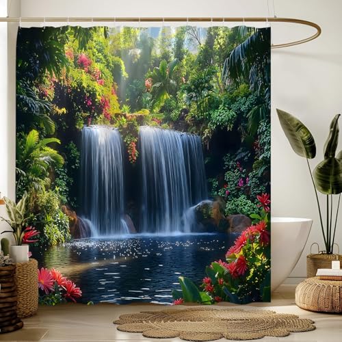 Forest Waterfall Shower Curtain, 70x70 Inch Polyester with Hooks
