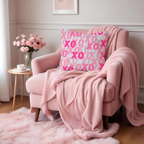 Pink XOXO Flannel Pillow Cover 18x18, Coquette Decor - Model 07
