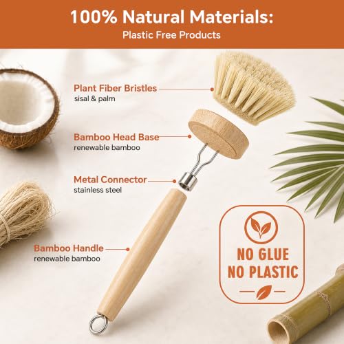DEBETOOL Bamboo Dish Brush Set with 4 Sisal & Palm Fiber Heads